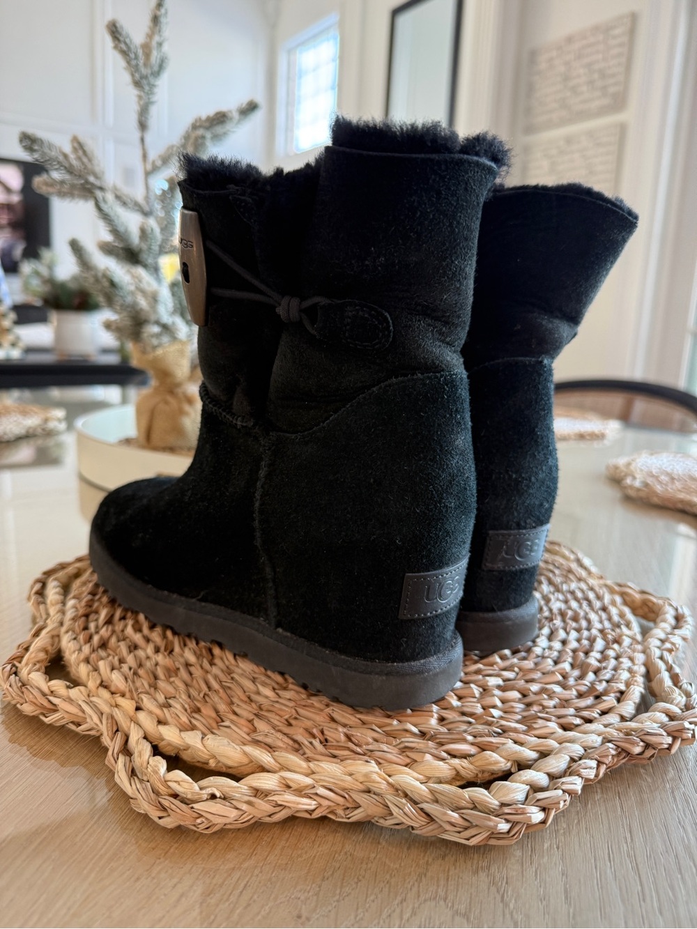 UGG Black Suede Short Winter Boots with Button Detail